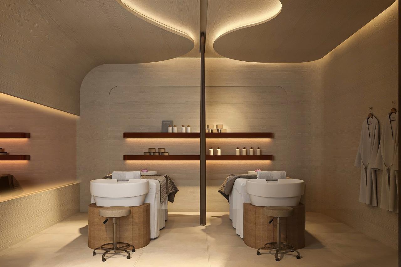 Dual head spa treatment stations at Lois Head Spa Prosper TX with sculptural ceiling design