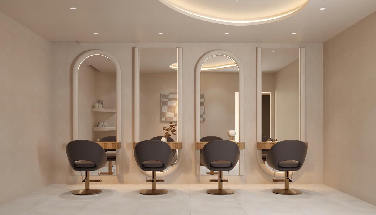 Hair styling stations at Lois Head Spa Prosper TX with backlit arched mirrors and luxury seating